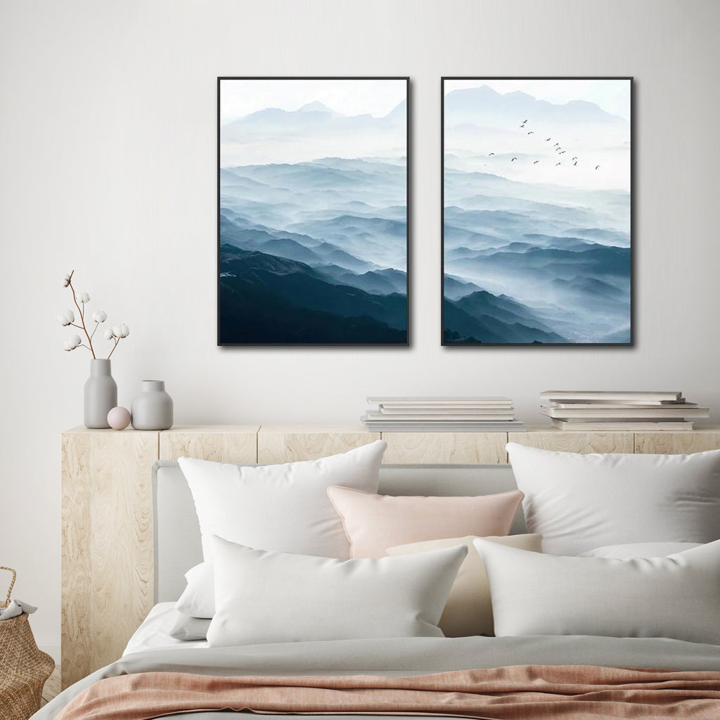 Wall Art 60cmx90cm Blue mountains 2 Sets Black  Frame Canvas